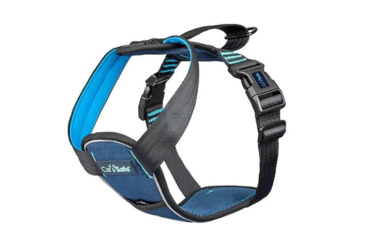 CarSafe veterinary approved pet car safety harness in blue and black with adjustable straps