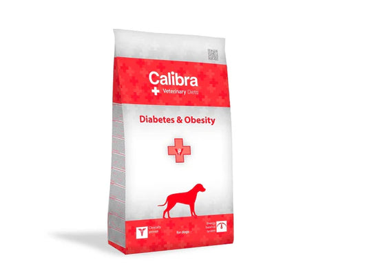 Calibra Veterinary Diets Diabetes and Obesity Dog Food bag with red and white design