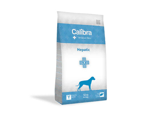 CALIBRA VETERINARY DIET DOG HEPATIC dry dog food package with blue and white design