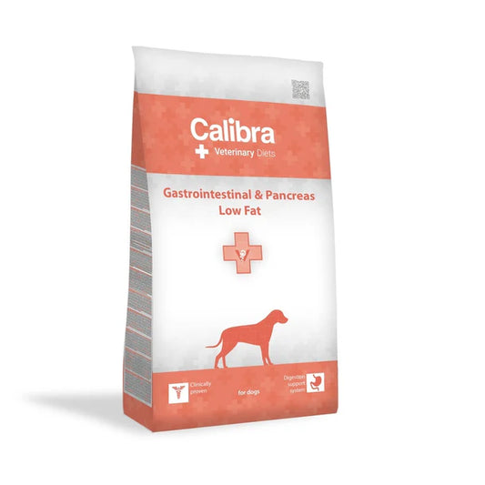 CALIBRA VETERINARY DIET GASTROINTESTINAL PANCREAS DOG low fat dog food bag with veterinary branding